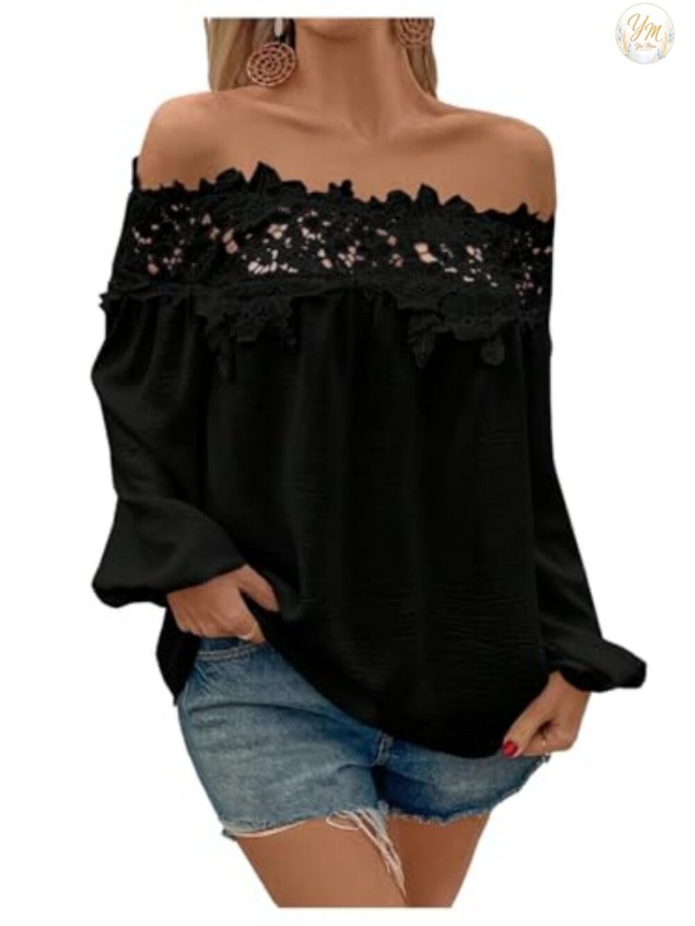 Lace Off The Shoulder Blouse Bishop Sleeve Long Sleeve Top Vacation